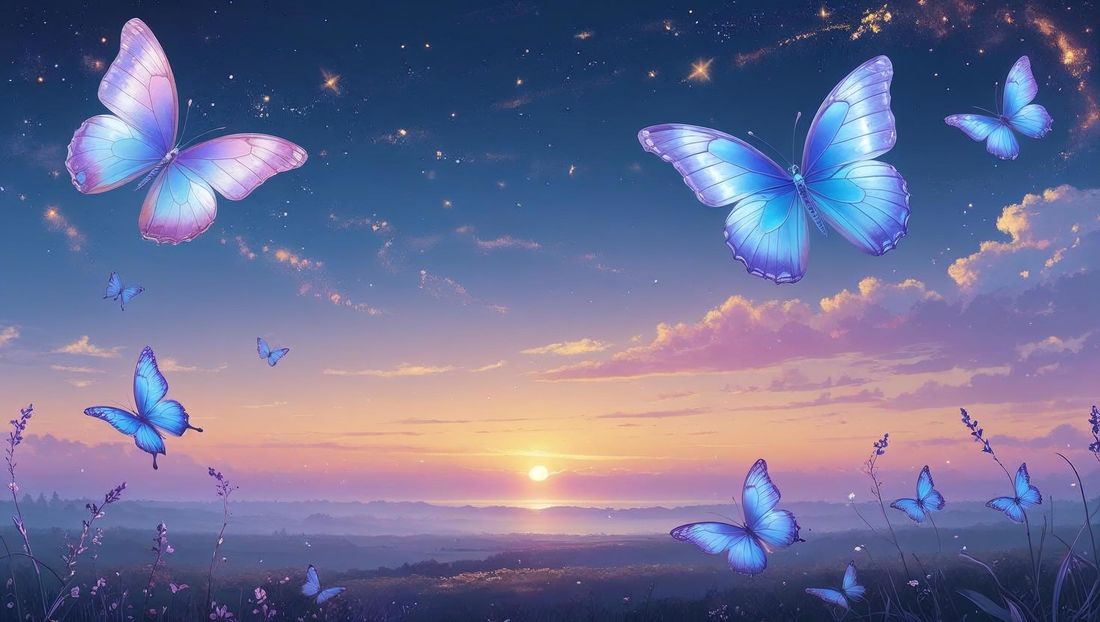 Butterflies fliiet in the dawn sky in the threshold between worlds